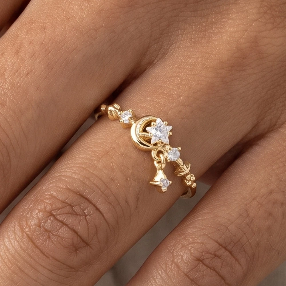 Gold Dipped Moon Star Charm Ring