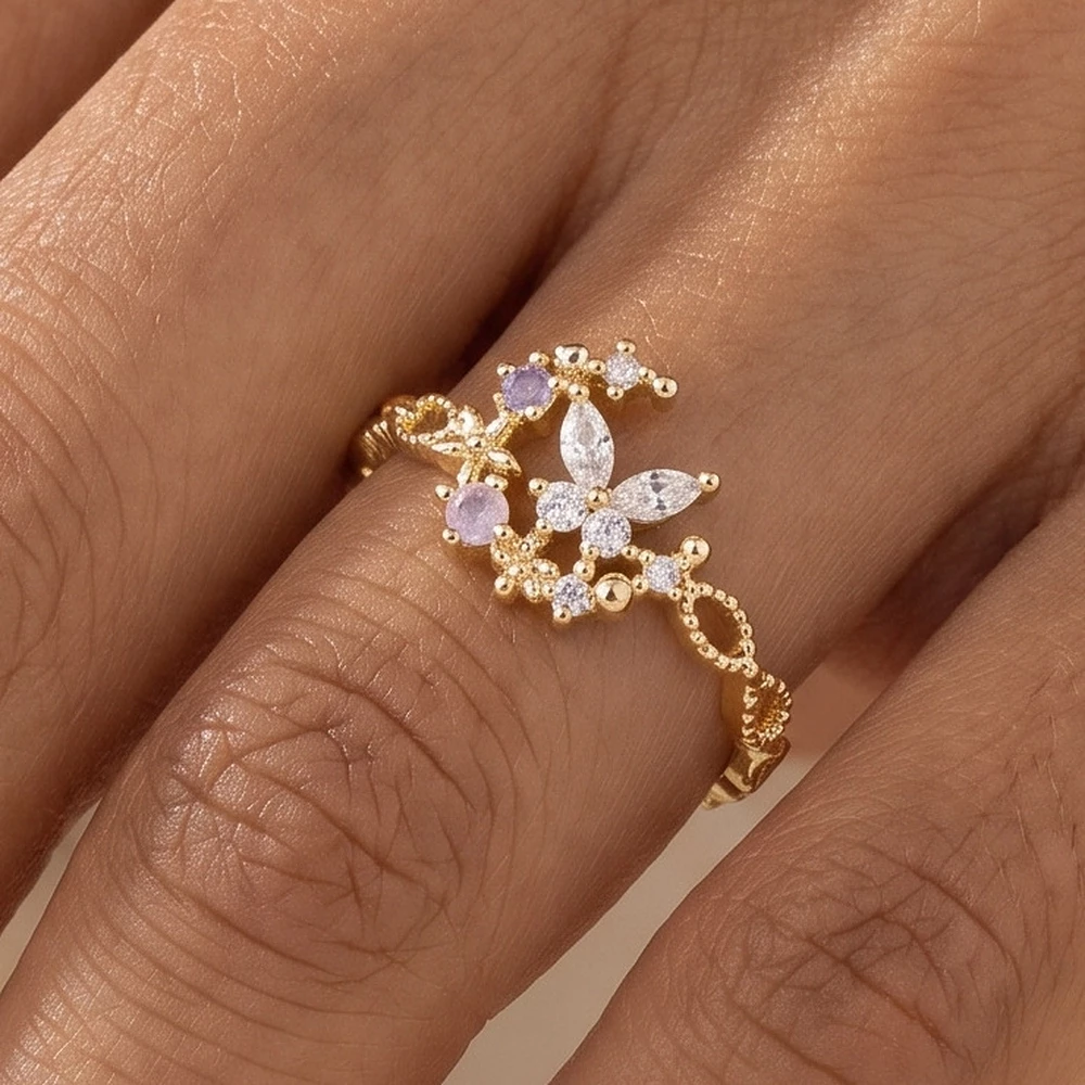 Gold Dipped Butterfly Floral Cluster Ring