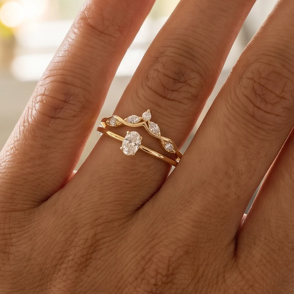 Oval Solitaire Double Band Chevron Ring