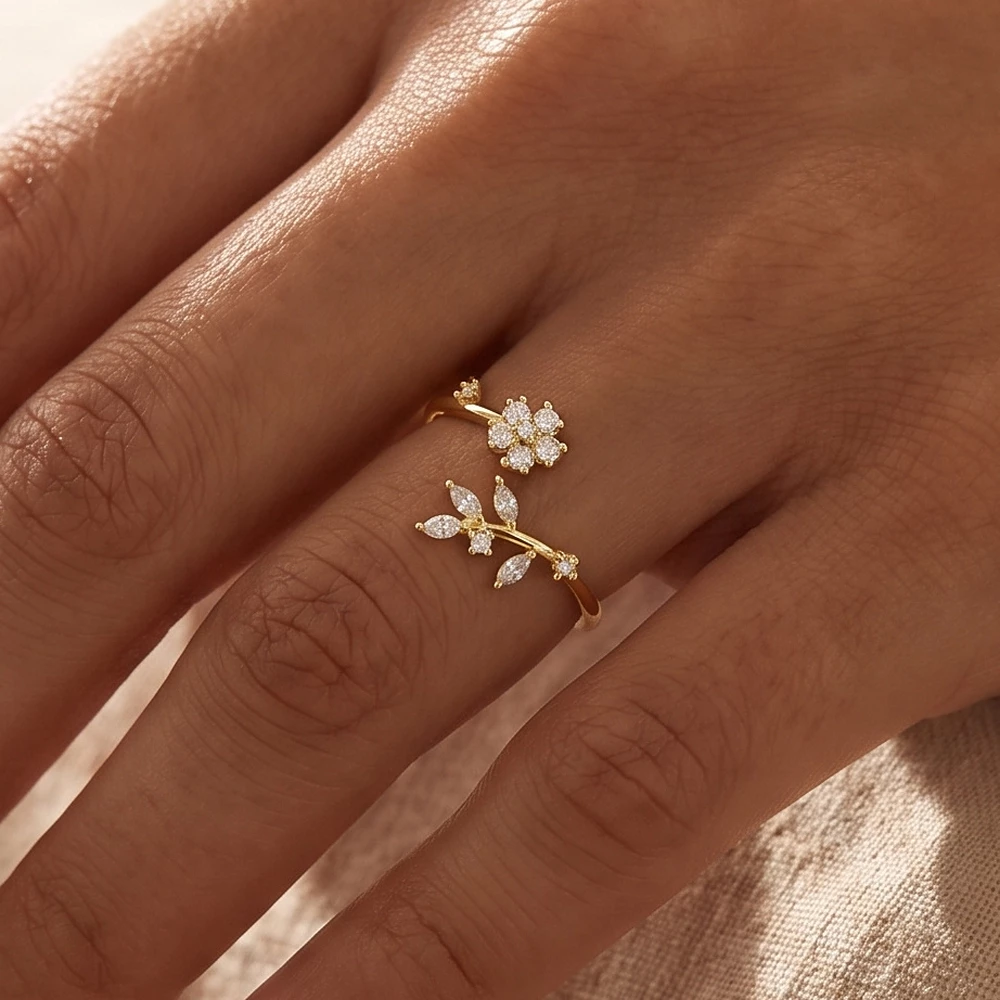 Cz Flower And Leaf Bypass Open Ring
