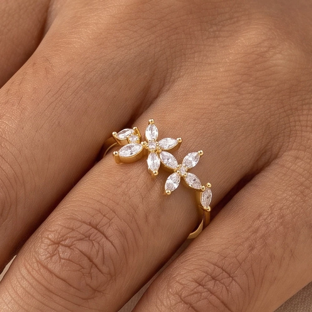 Gold Dipped Marquise Double Flower Ring