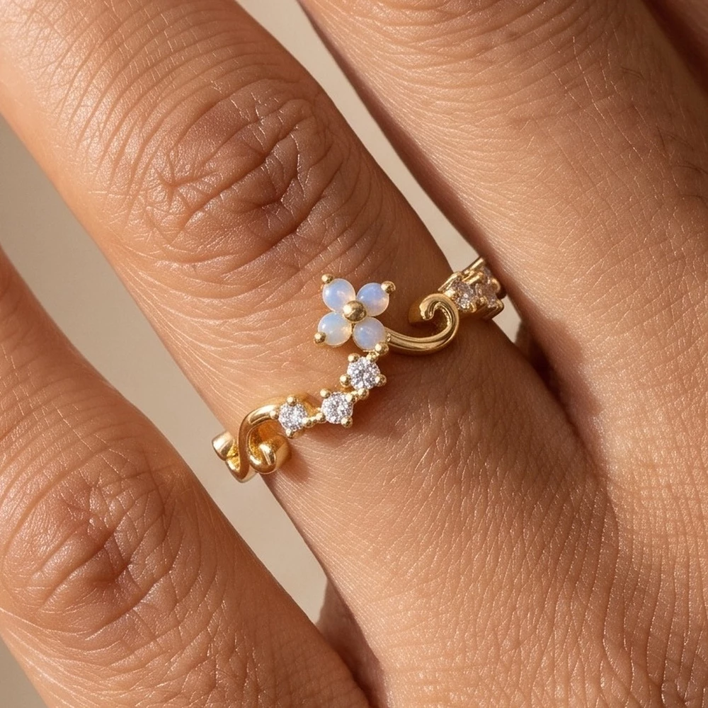 Gold Dipped Opal Flower Scroll Ring