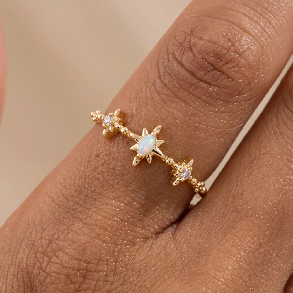 Gold Dipped Opal Starburst Trio Beaded Band Ring