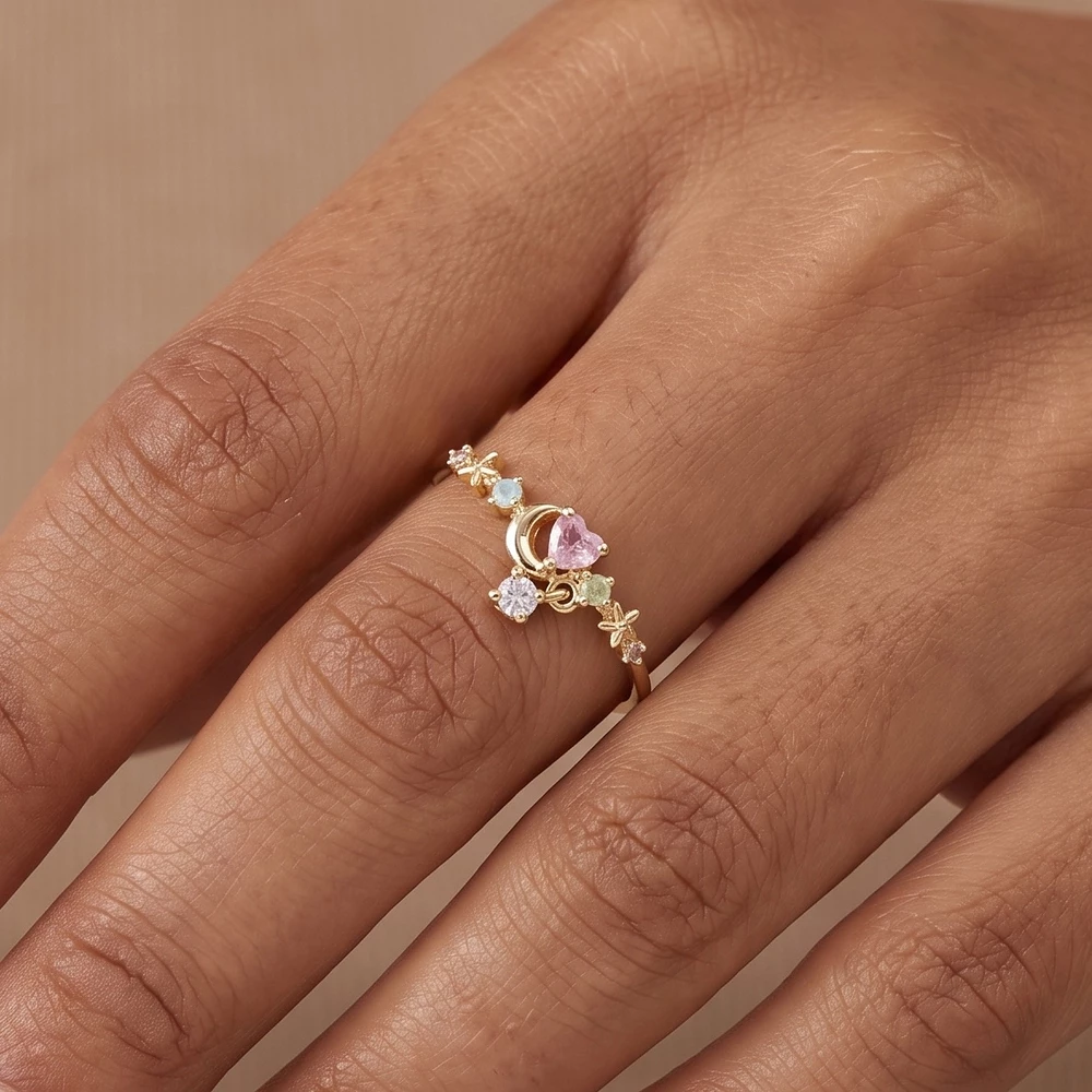 Crescent Moon And Heart Stone Dangle Ring