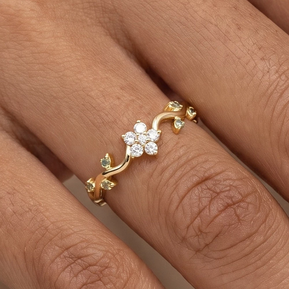 Gold Dipped Crystal Flower Wave Ring