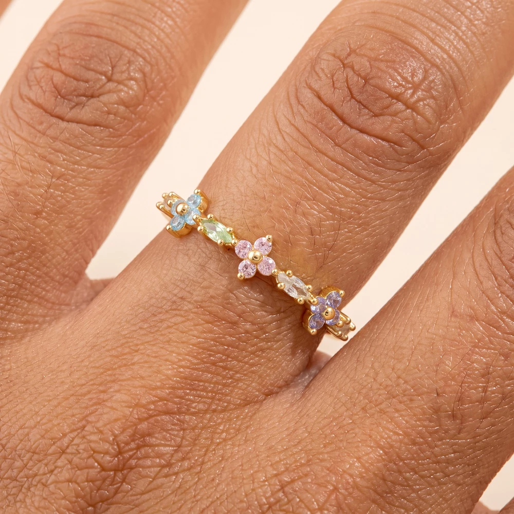 Gold Dipped Pastel Flower Trio Marquise Cz Band Ring