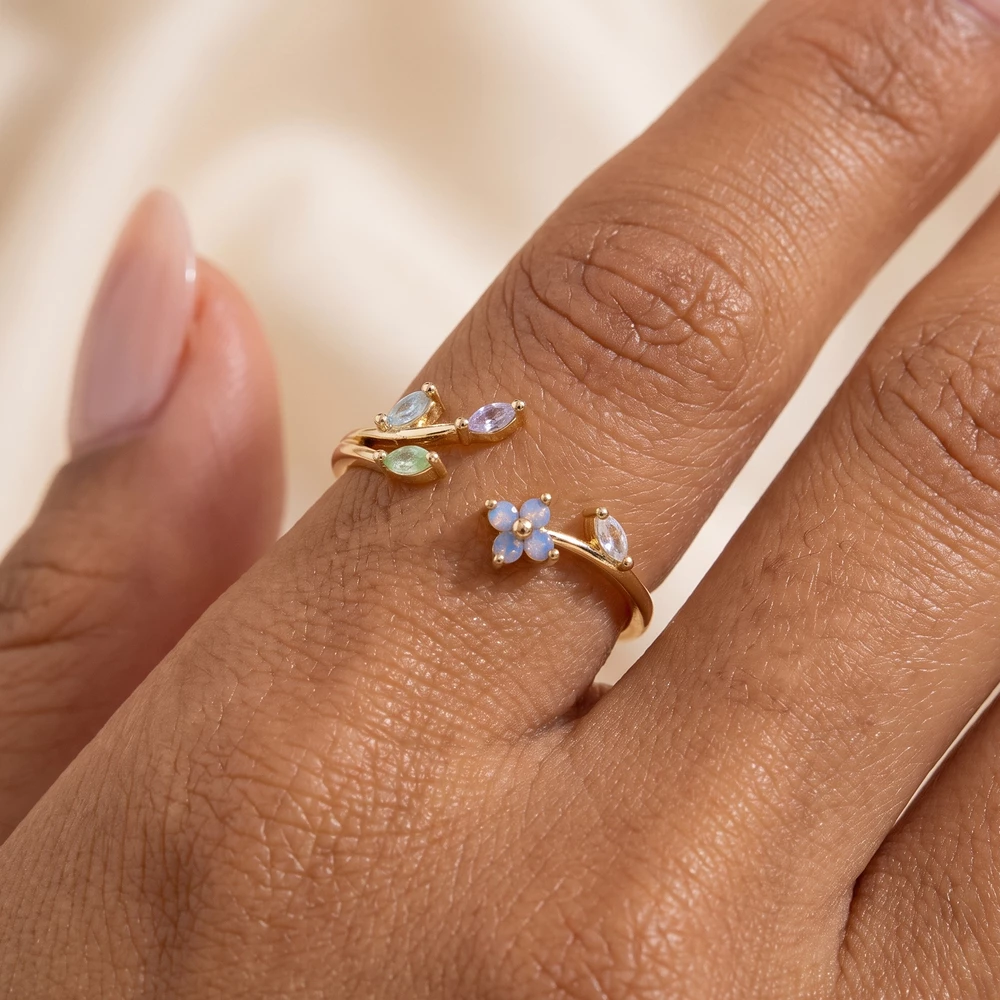 Gold Dipped Flower And Leaf Cz Bypass Open Ring