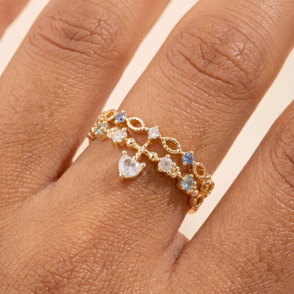Gold Dipped Double Band Heart Cz Charm Open Ring