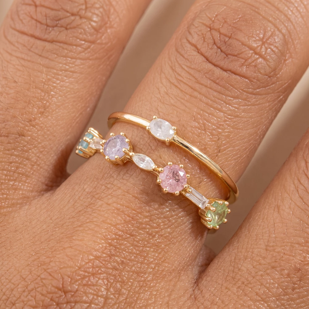 Gold Dipped Double Band Pastel Multi Stone Open Ring