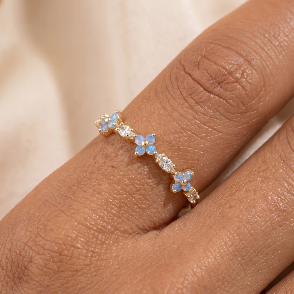 Gold Dipped Opalescent Flower Trio Cz Band Ring