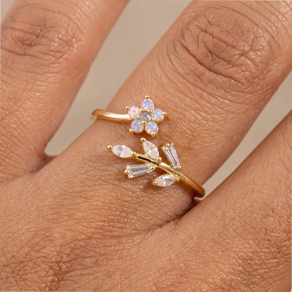Gold Dipped Flower Baguette Leaf Branch Open Ring