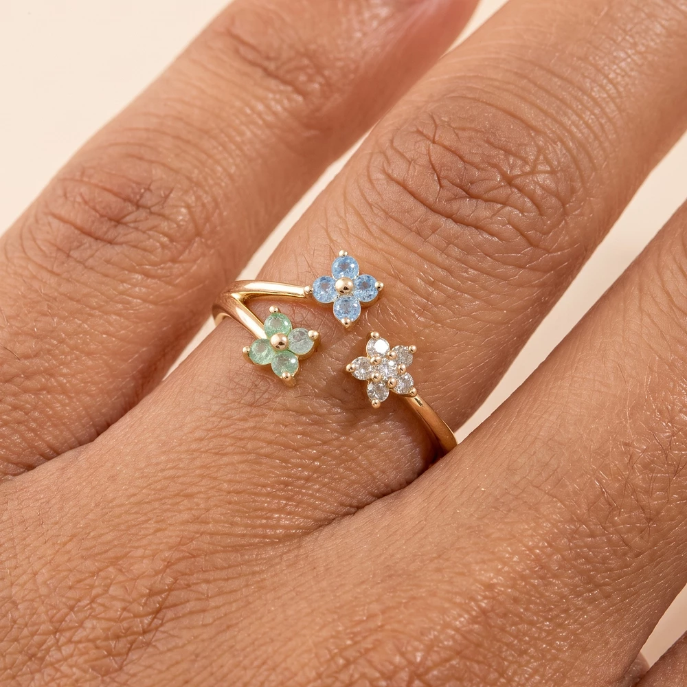 Gold Dipped Three Flower Cz Split Band Open Ring