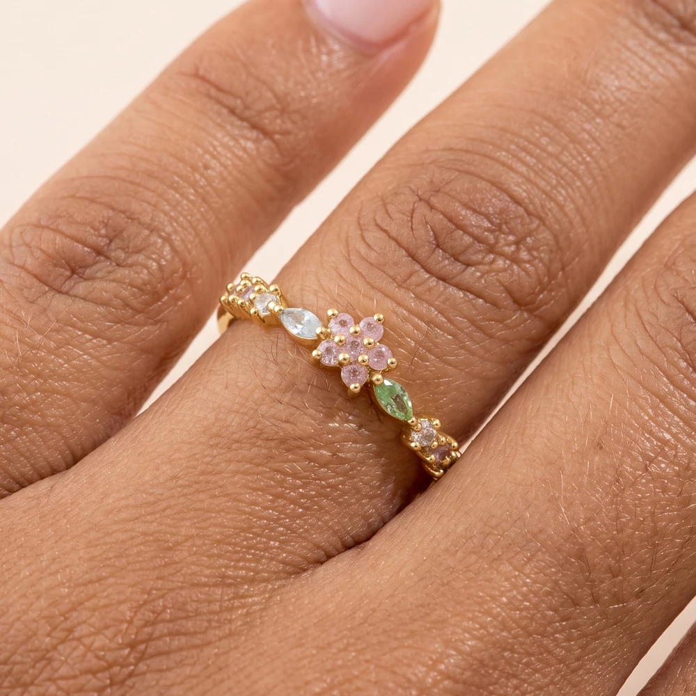 Gold Dipped Center Flower Marquise Leaf Cz Band Ring