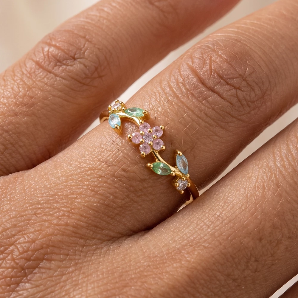 Gold Dipped Flower Vine Marquise Cz Band Ring