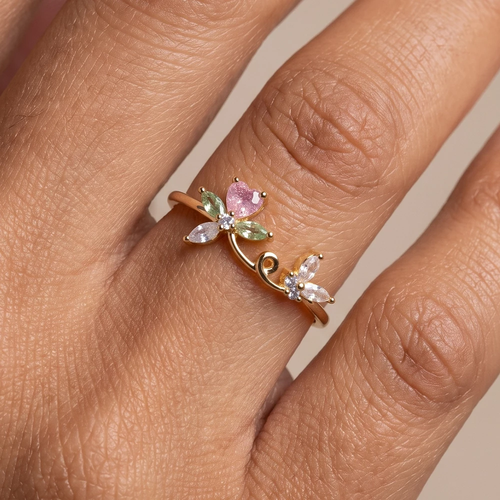 Gold Dipped Heart Cz Blossom Swirl Vine Band Ring