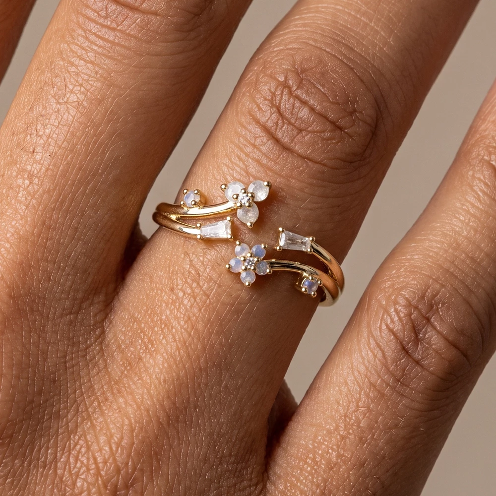 Gold Dipped Flower Baguette Cz Wave Bypass Open Ring