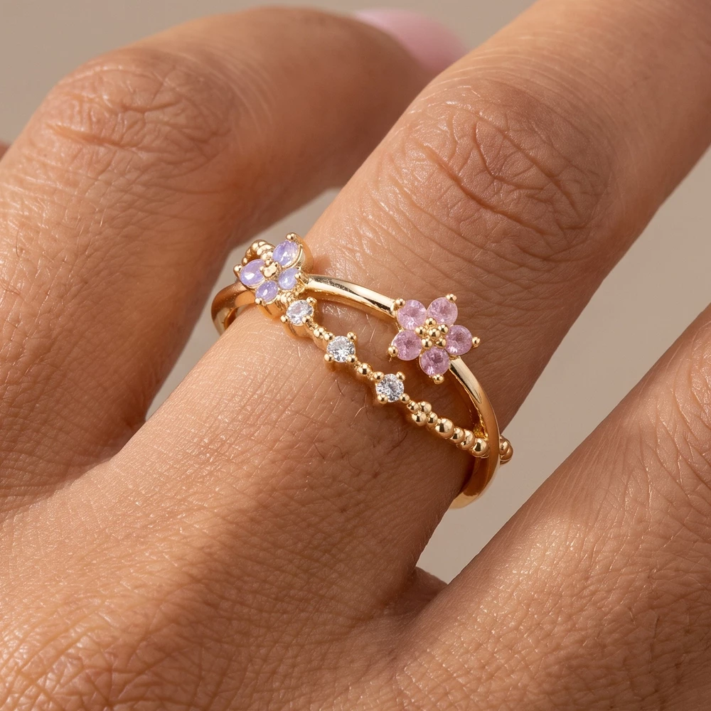Gold Dipped Crisscross Beaded Double Flower Open Ring