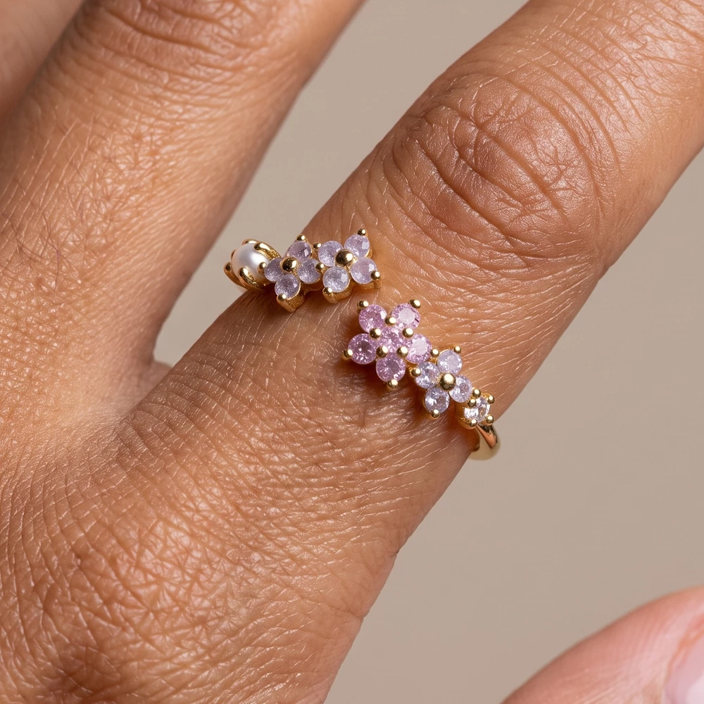 Gold Dipped Pearl Accent Flower Cluster Open Ring