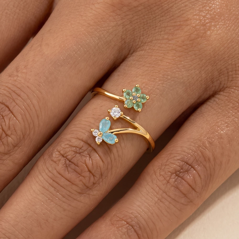 Gold Dipped Butterfly And Flower Cz Bypass Open Ring