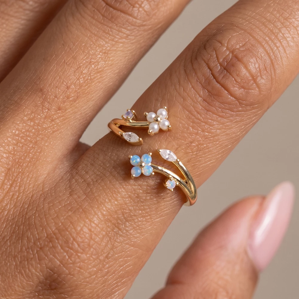 Gold Dipped Pearl Flower Vine Bypass Open Ring