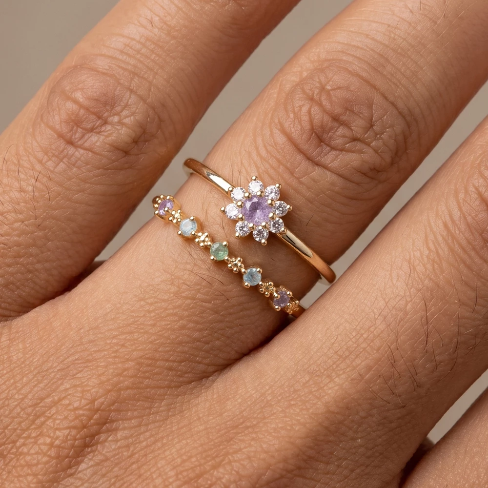 Gold Dipped Double Band Halo Flower Cz Open Ring