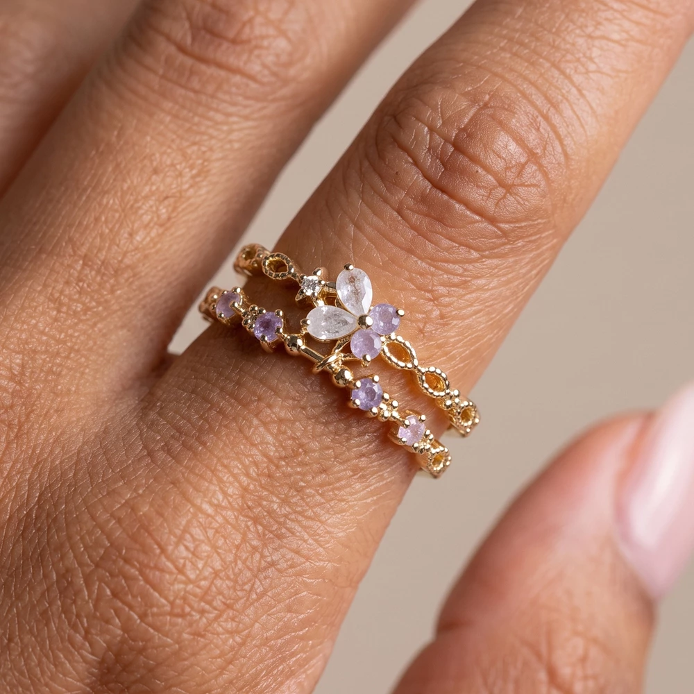 Gold Dipped Double Band Butterfly Cz Link Open Ring