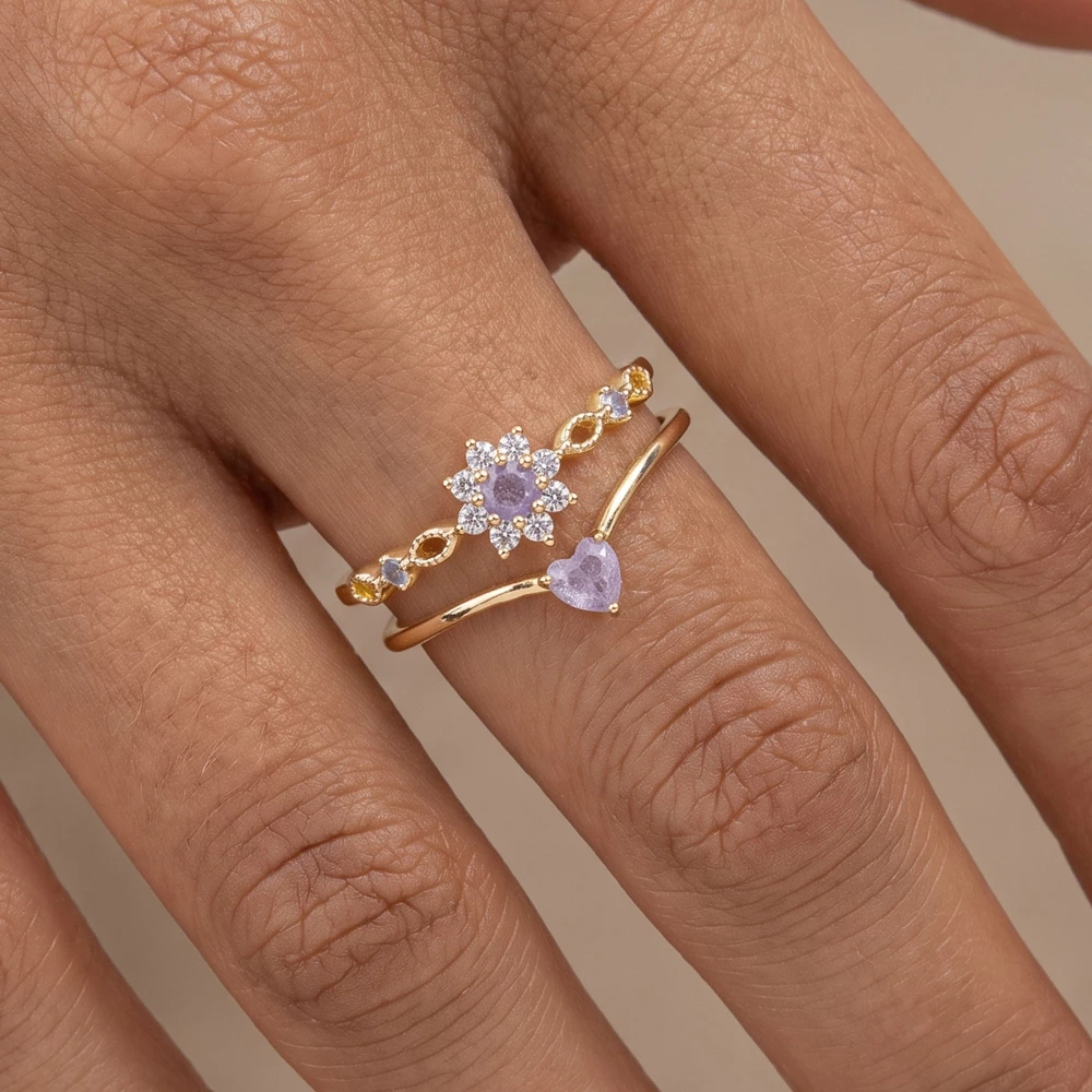 Gold Dipped Halo Flower And Heart Cz Double Open Ring