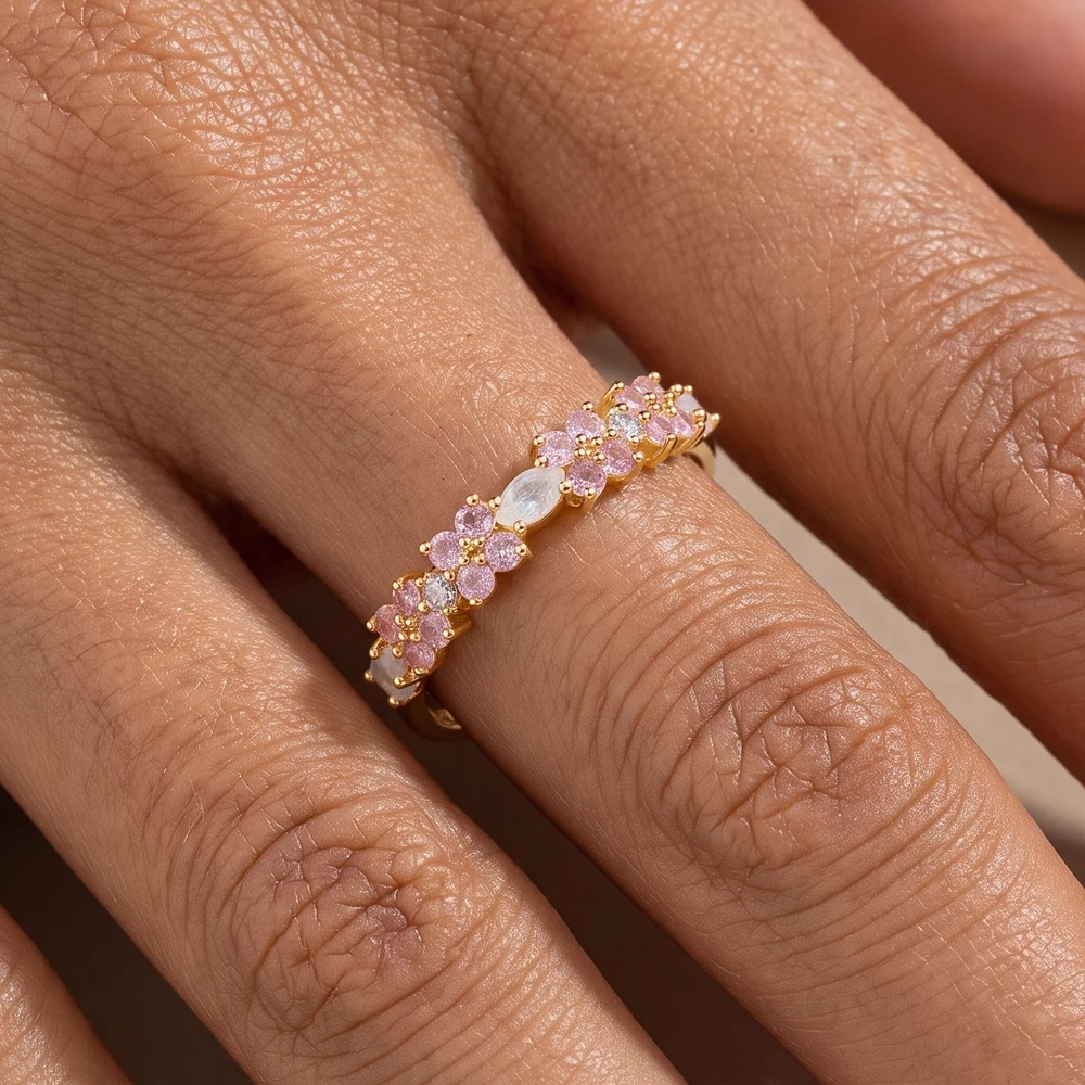 Gold Dipped Flower Cluster Oval Stone Band Ring