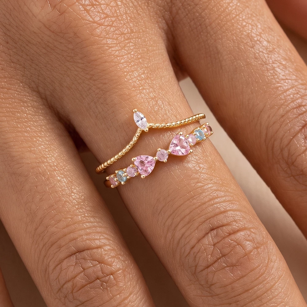 Gold Dipped Double Band Heart Cz Bow Open Ring
