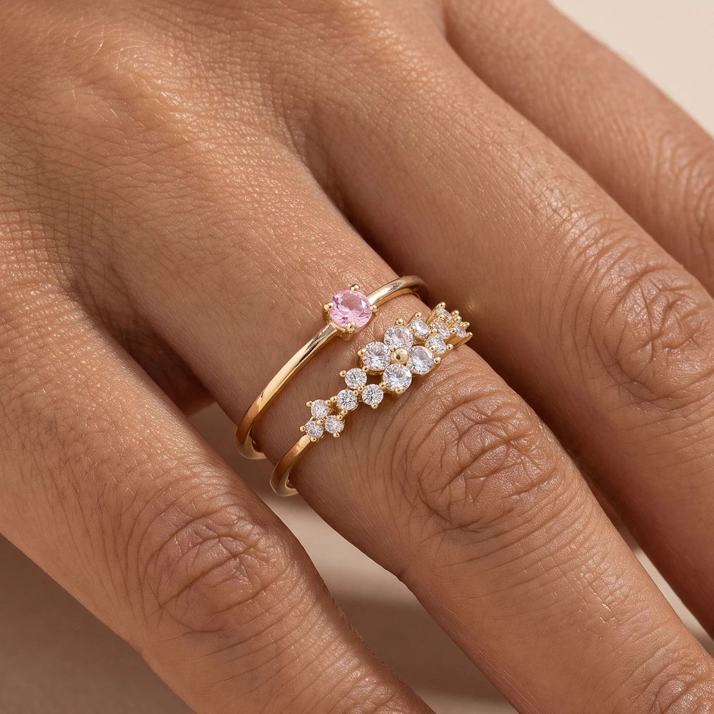 Gold Dipped Double Band Solitaire Flower Cz Open Ring