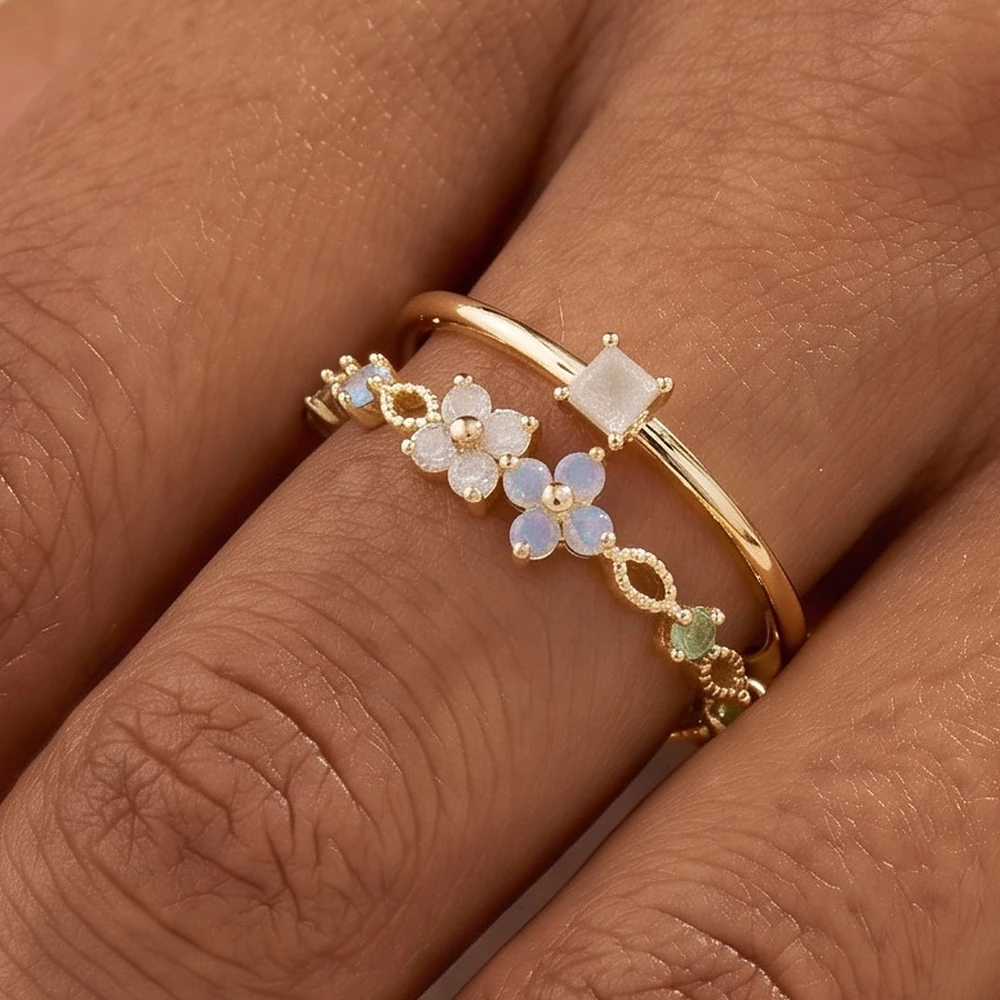 Gold Dipped Opal Flower Double Ring