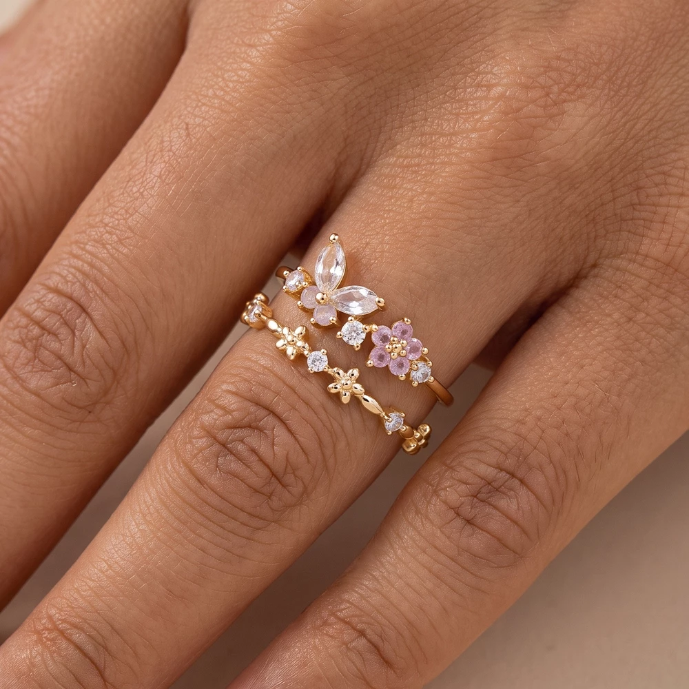 Gold Dipped Double Band Butterfly Flower Cz Open Ring