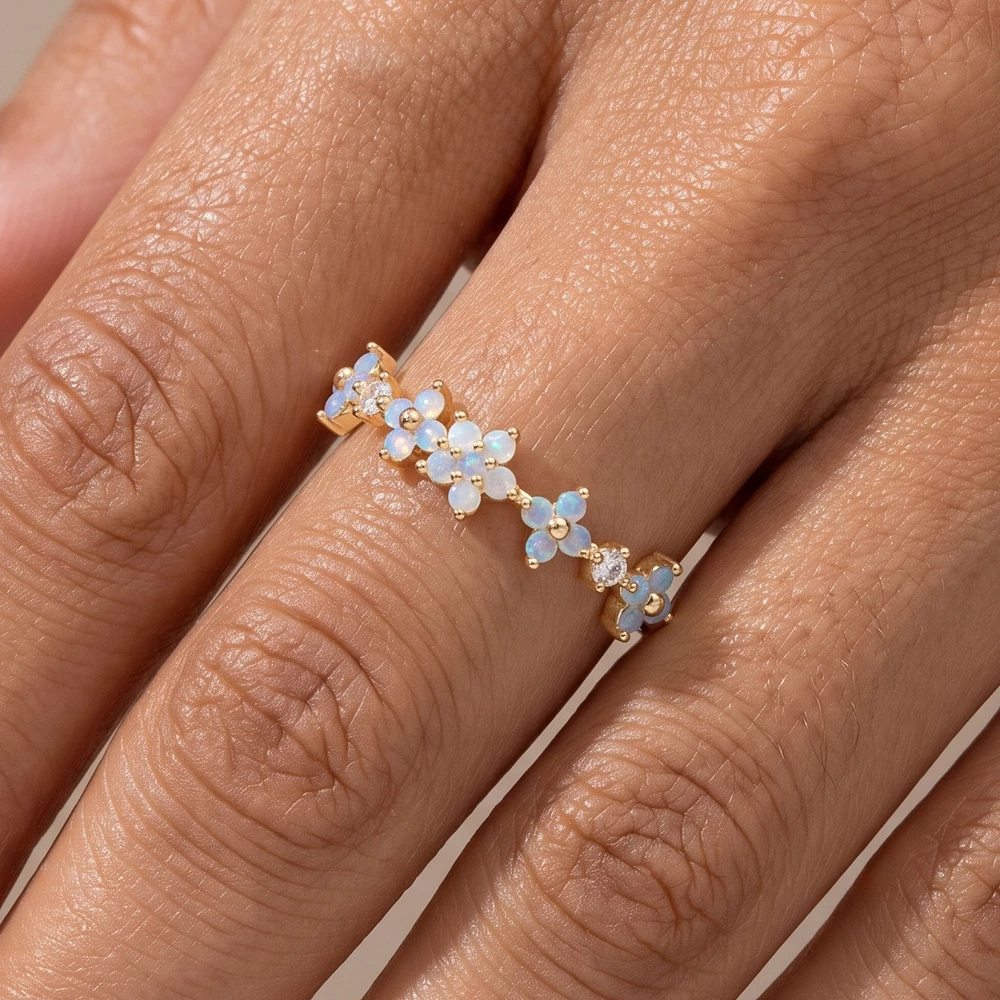 Gold Dipped Opalescent Four Flower Cz Band Ring