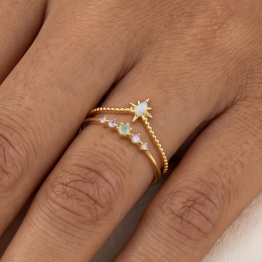 Celestial Star And Opal Double Band Ring