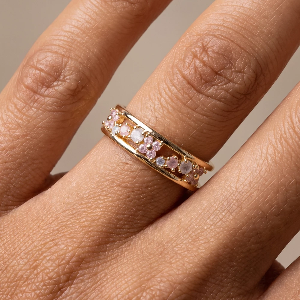 Gold Dipped Framed Flower Cluster Cz Wide Open Ring