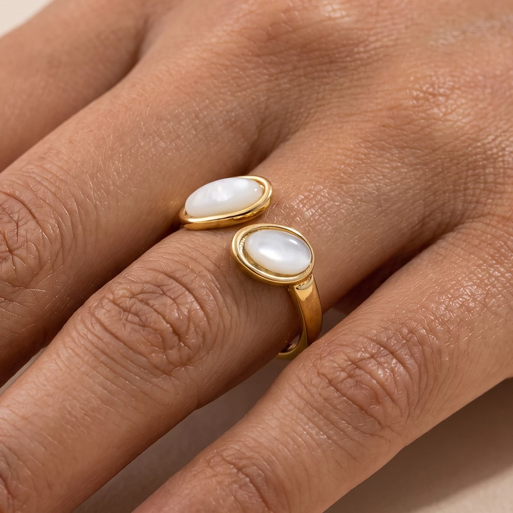 Mother Of Pearl Double Oval Bezel Bypass Open Ring