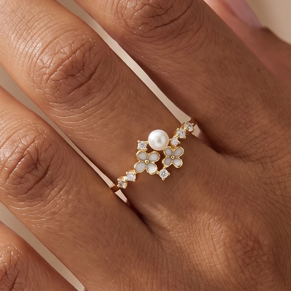 Enamel Flower And Pearl Accent Ring