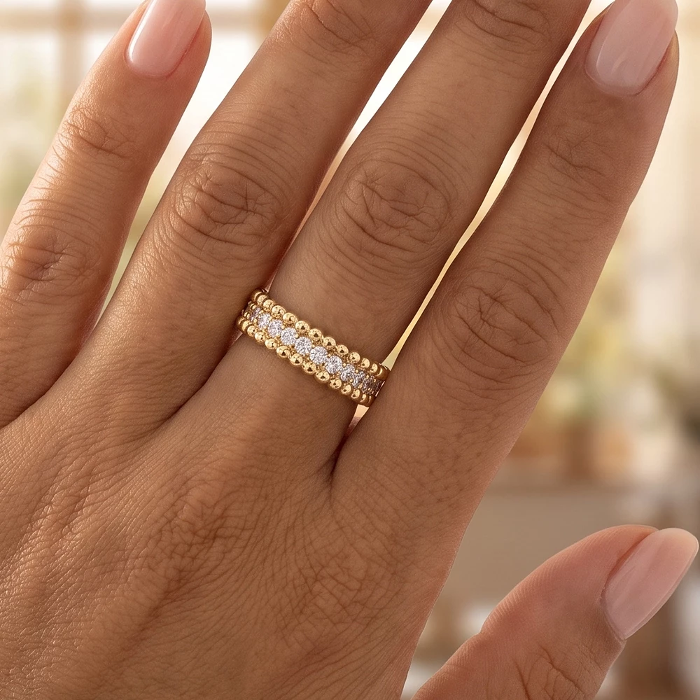 Beaded Border Pave Band Open Ring