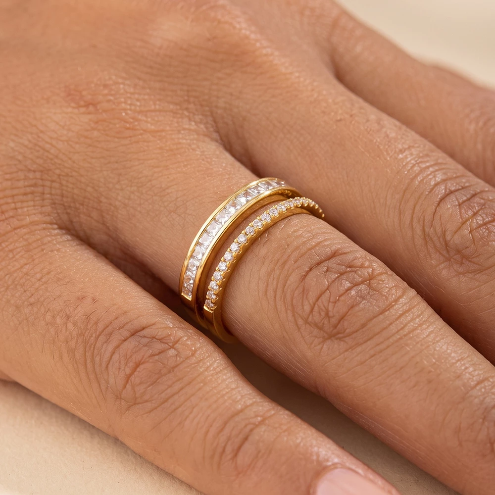 Gold Dipped Double Band Pave And Channel Cz Open Ring