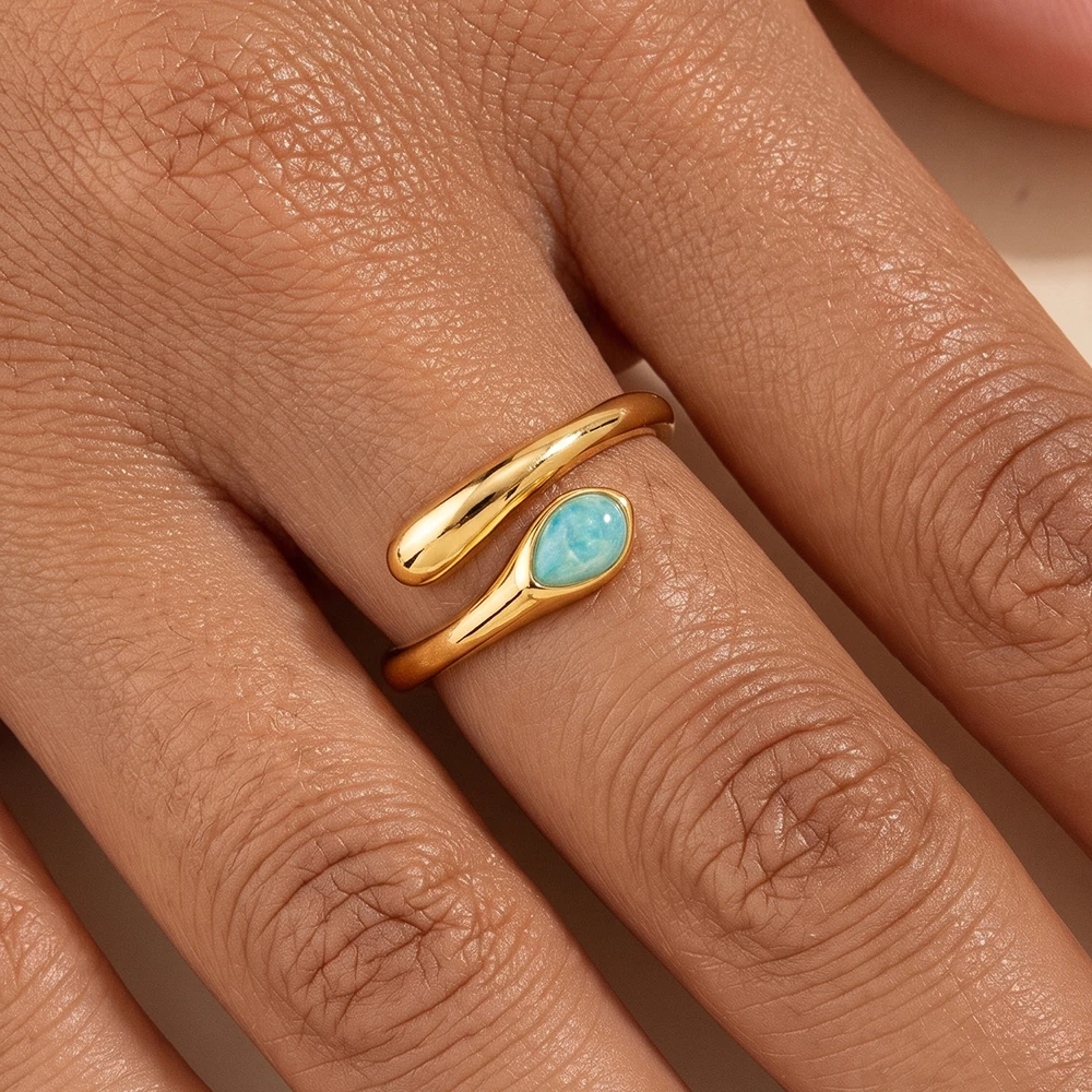Gold Dipped Pear Stone Bypass Wrap Open Ring