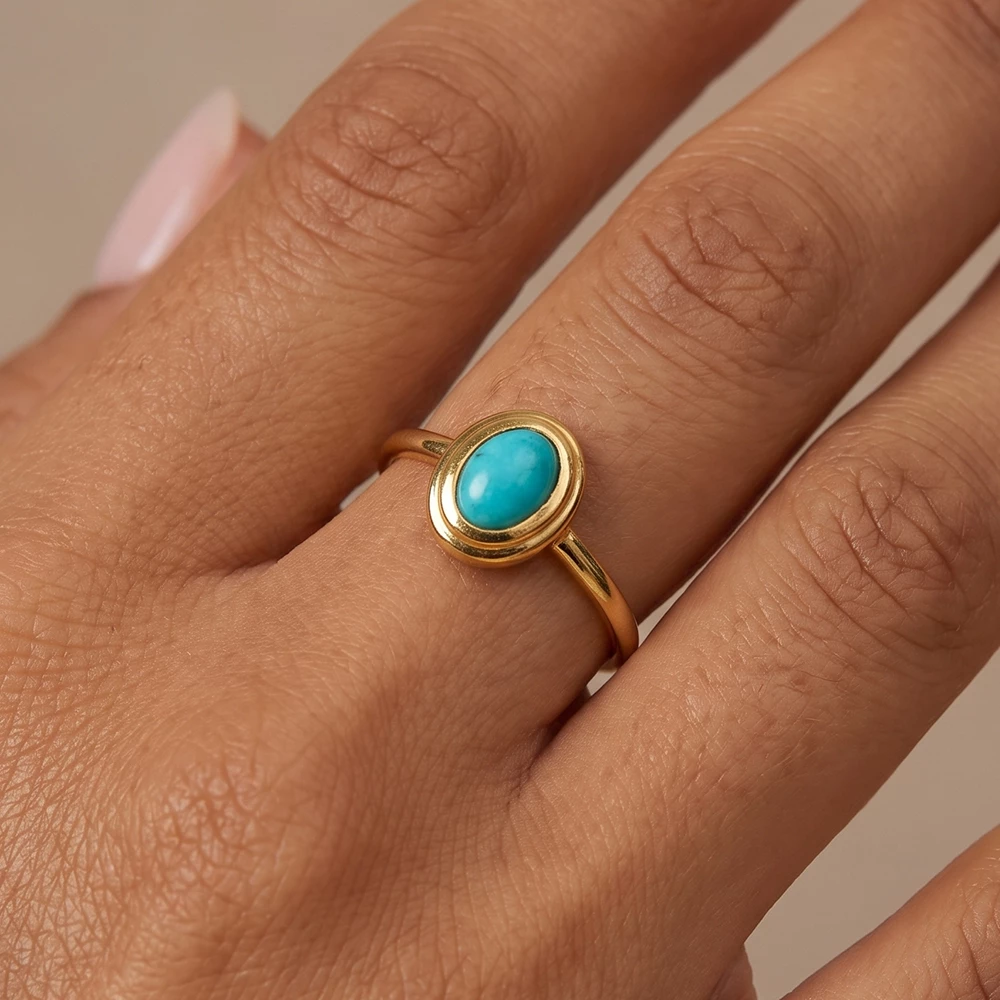 Gold Dipped Oval Stone Stepped Bezel Open Ring