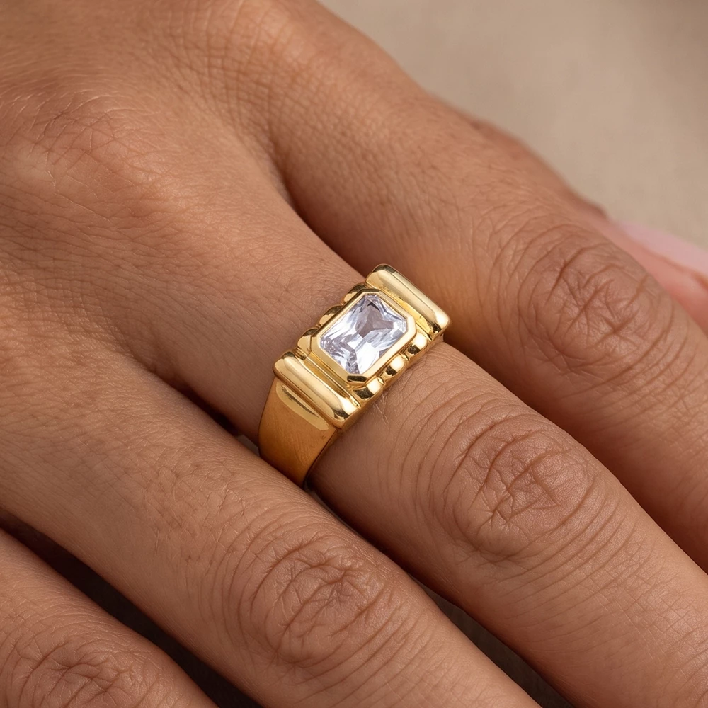 Gold Dipped Radiant Cz Bubble Frame Wide Open Ring