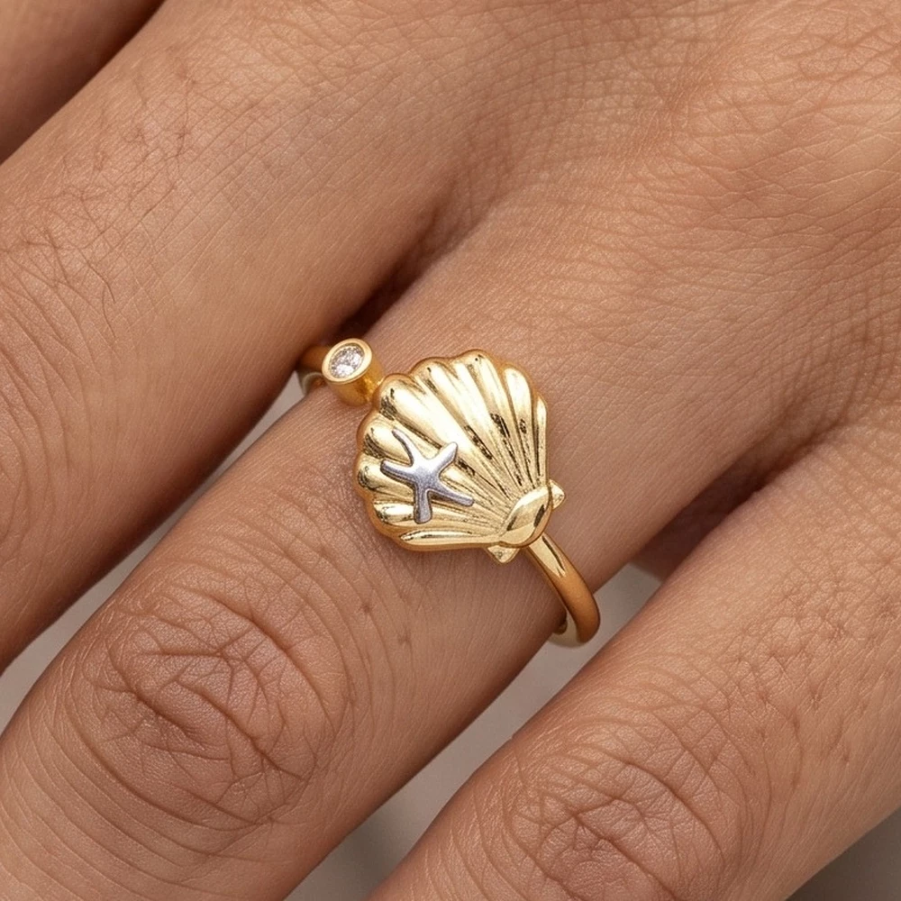 Gold Dipped Scallop Shell Starfish Ring