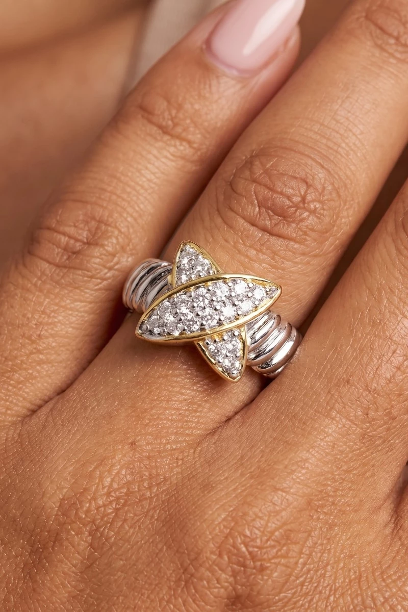 Two Tone Cz Pave X Textured Band Ring