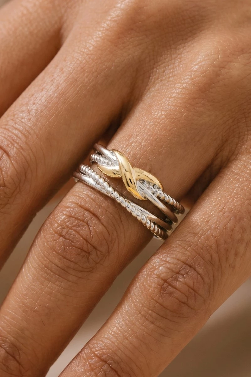 Two Tone X Rope Textured Band Ring