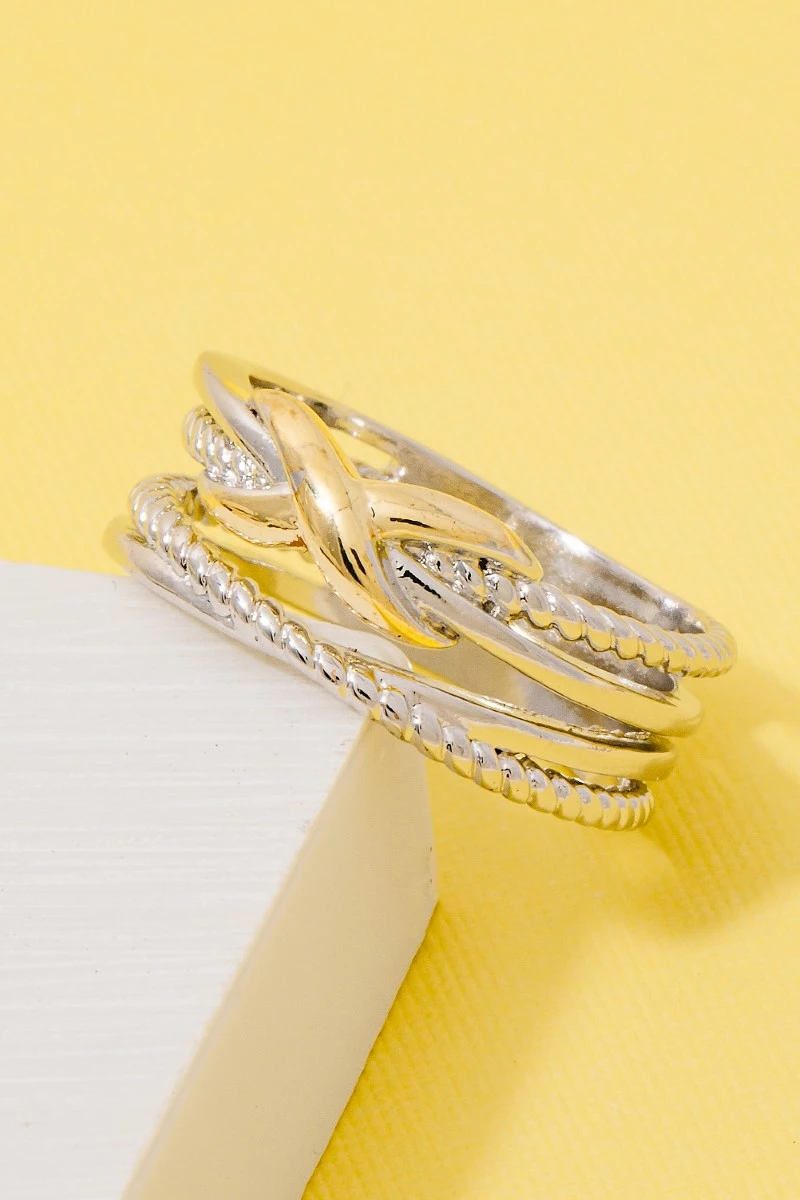 Two Tone X Rope Textured Band Ring