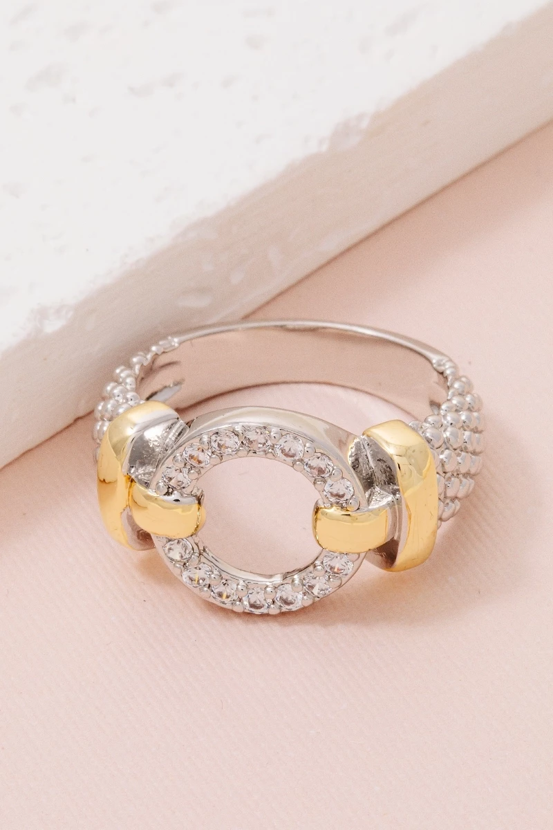 Gold Plated Two Tone Cz Pave Circle Signet Band Ring
