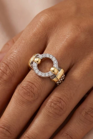 Gold Plated Two Tone Cz Pave Circle Signet Band Ring