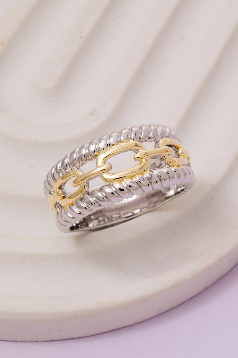 Gold Dipped Two Tone Rope And Chain Pattern Ring