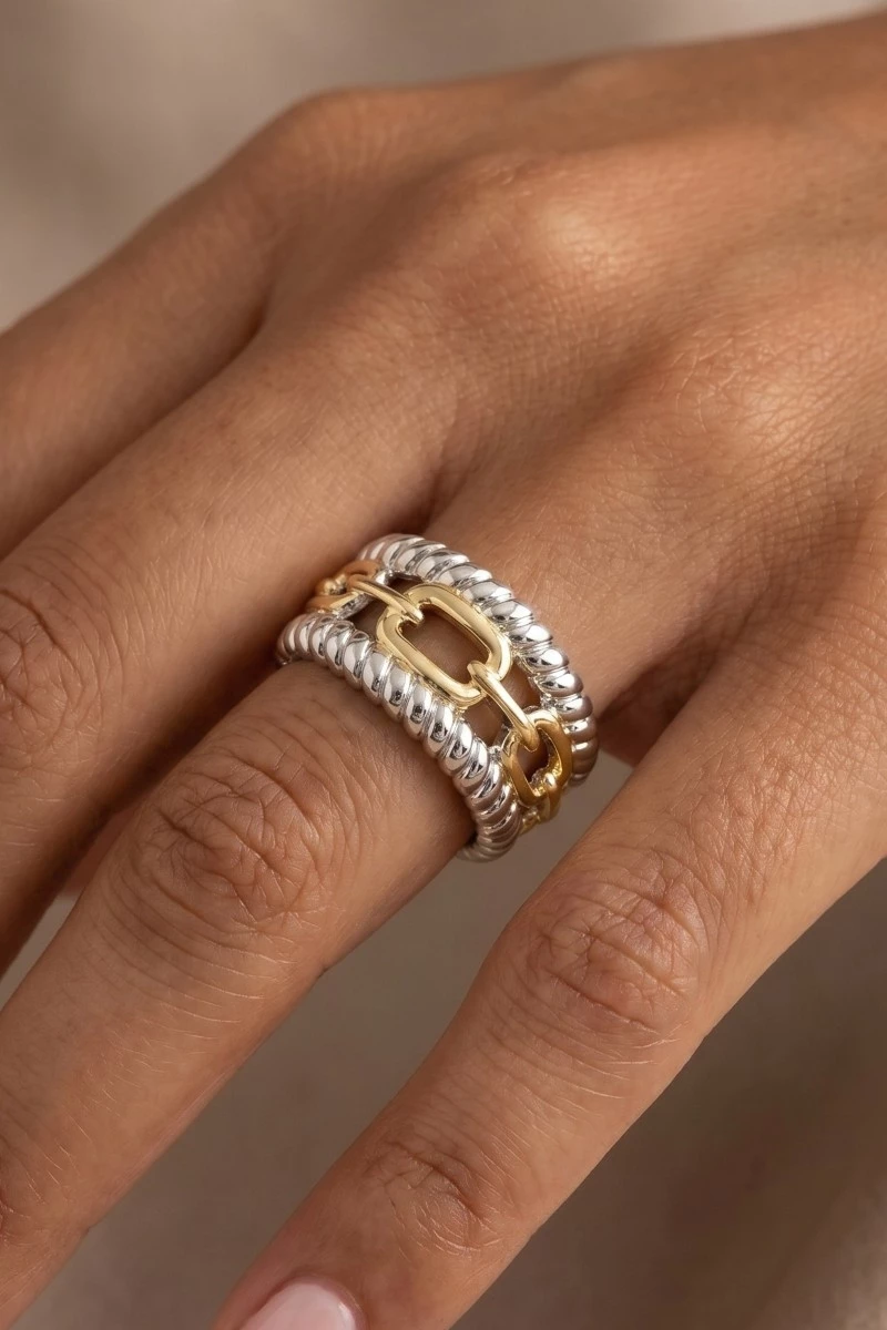 Gold Dipped Two Tone Rope And Chain Pattern Ring